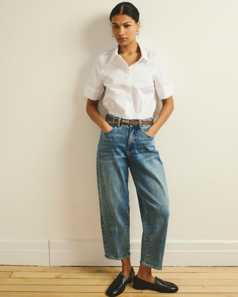 Elbe Stretch Poplin Short Sleeve Shirt - White | Plus Size & Straight Size Women's Fashion | Universal Standard