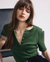 Woman wearing Henley Short Sleeve Ribbed Tee - Green Park from Universal Standard