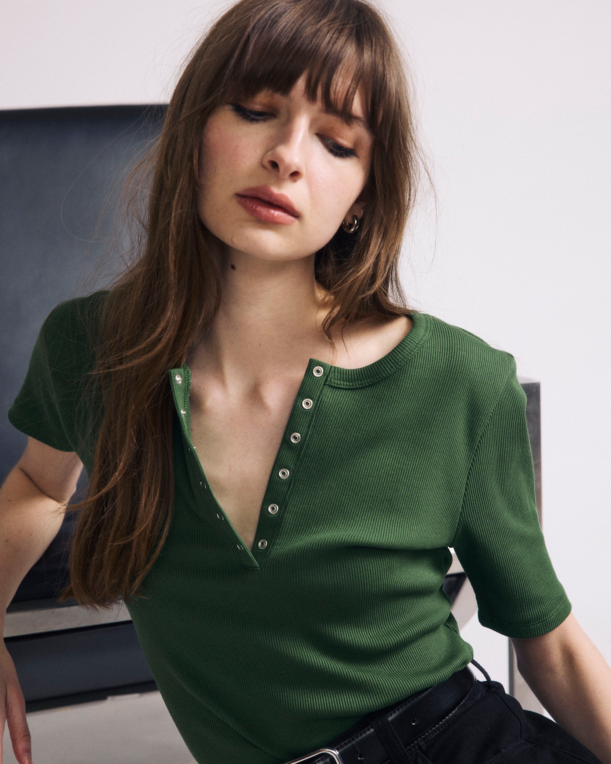 Woman wearing Henley Short Sleeve Ribbed Tee - Green Park from Universal Standard