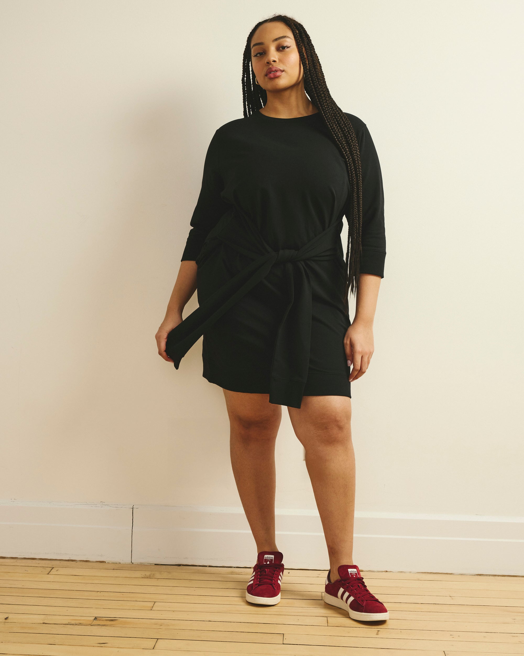 Woman wearing Misa Tie Sweatshirt Dress - Black from Universal Standard