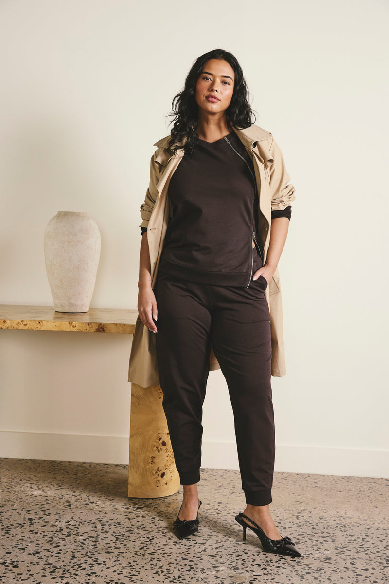 Woman wearing Meridien Zip Sweatshirt - Deep Brown from Universal Standard