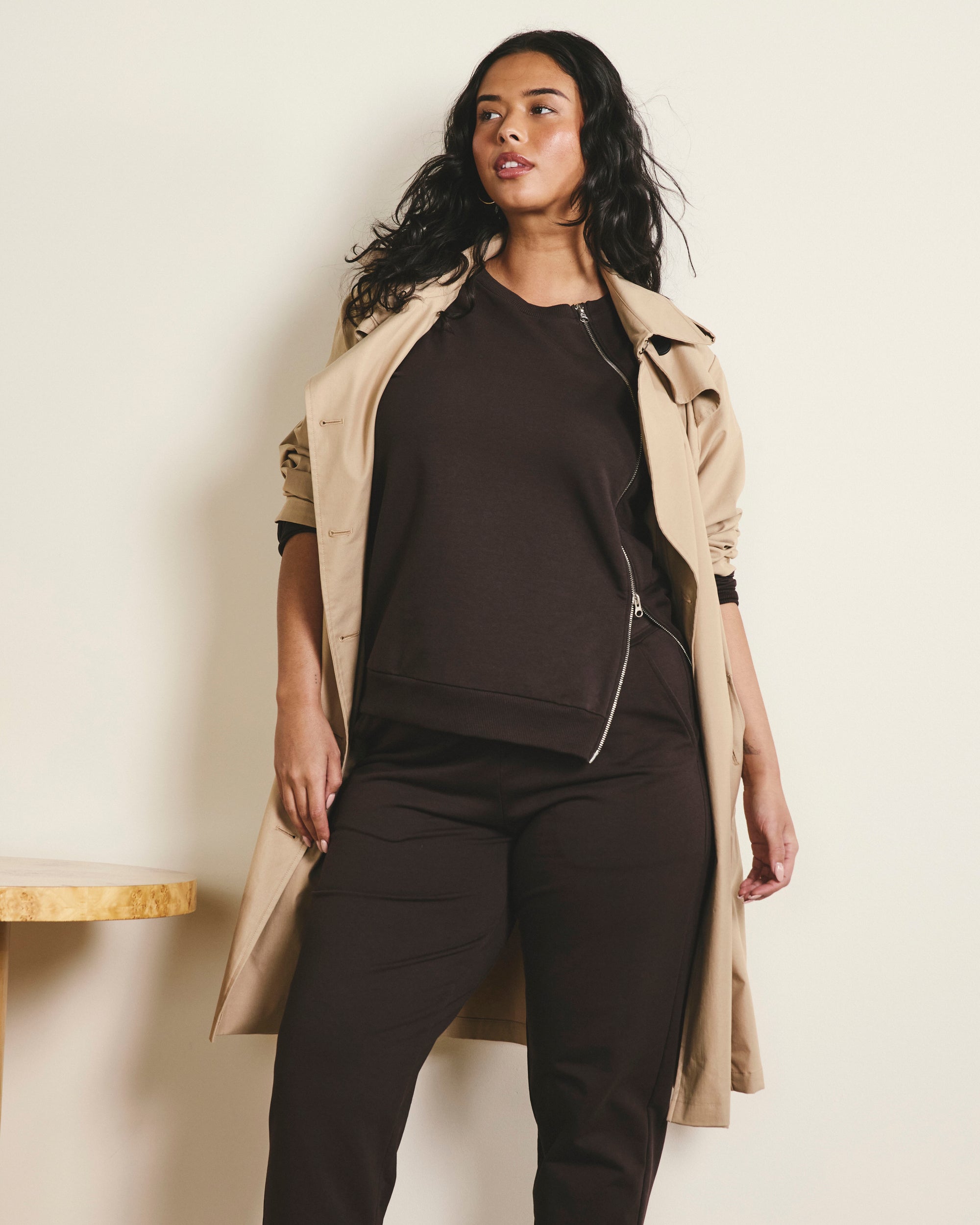 Woman wearing Meridien Zip Sweatshirt - Deep Brown from Universal Standard