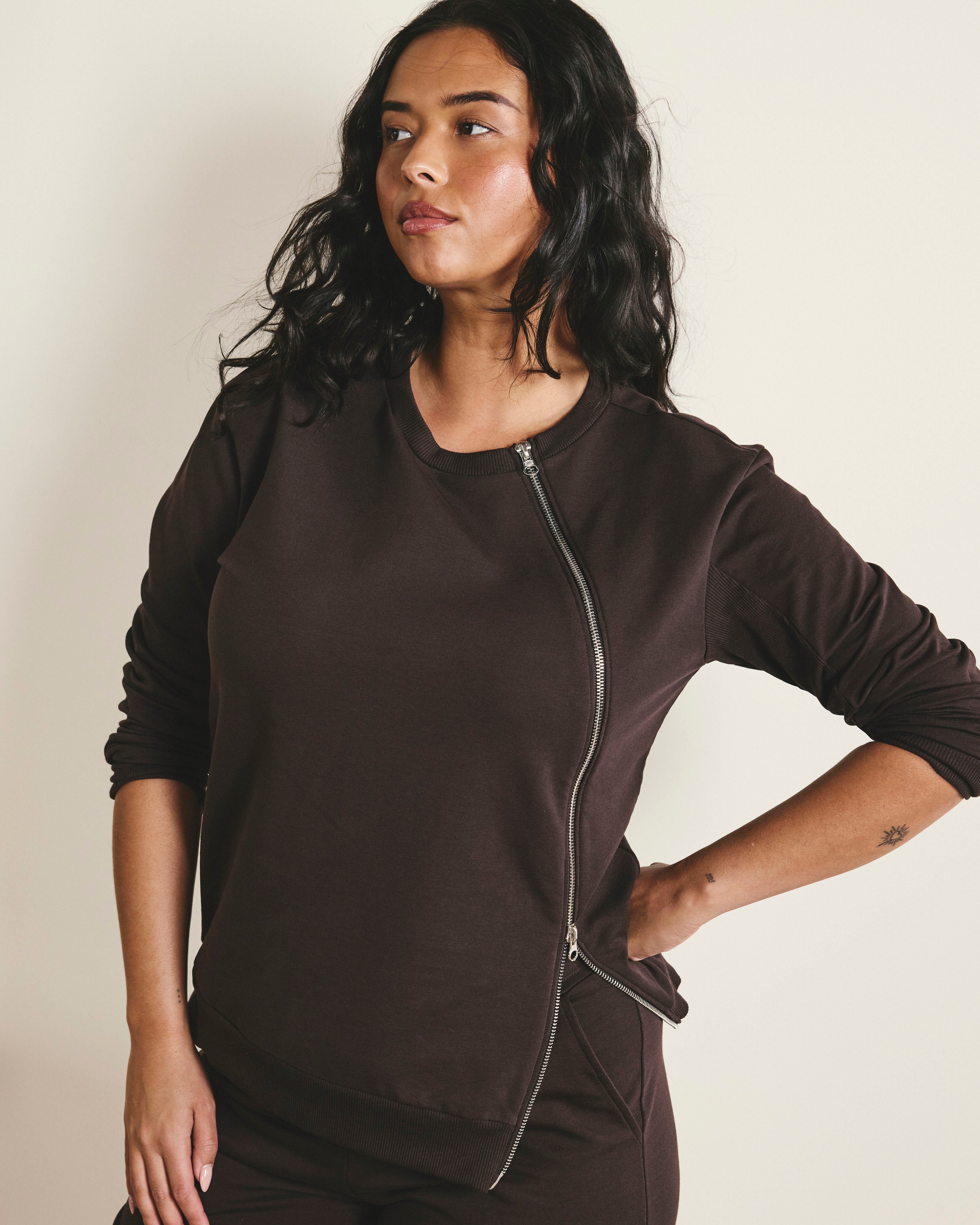 Woman wearing Meridien Zip Sweatshirt - Deep Brown from Universal Standard