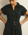 Woman wearing Sandy Stretch Poplin Shirtdress - Black from Universal Standard