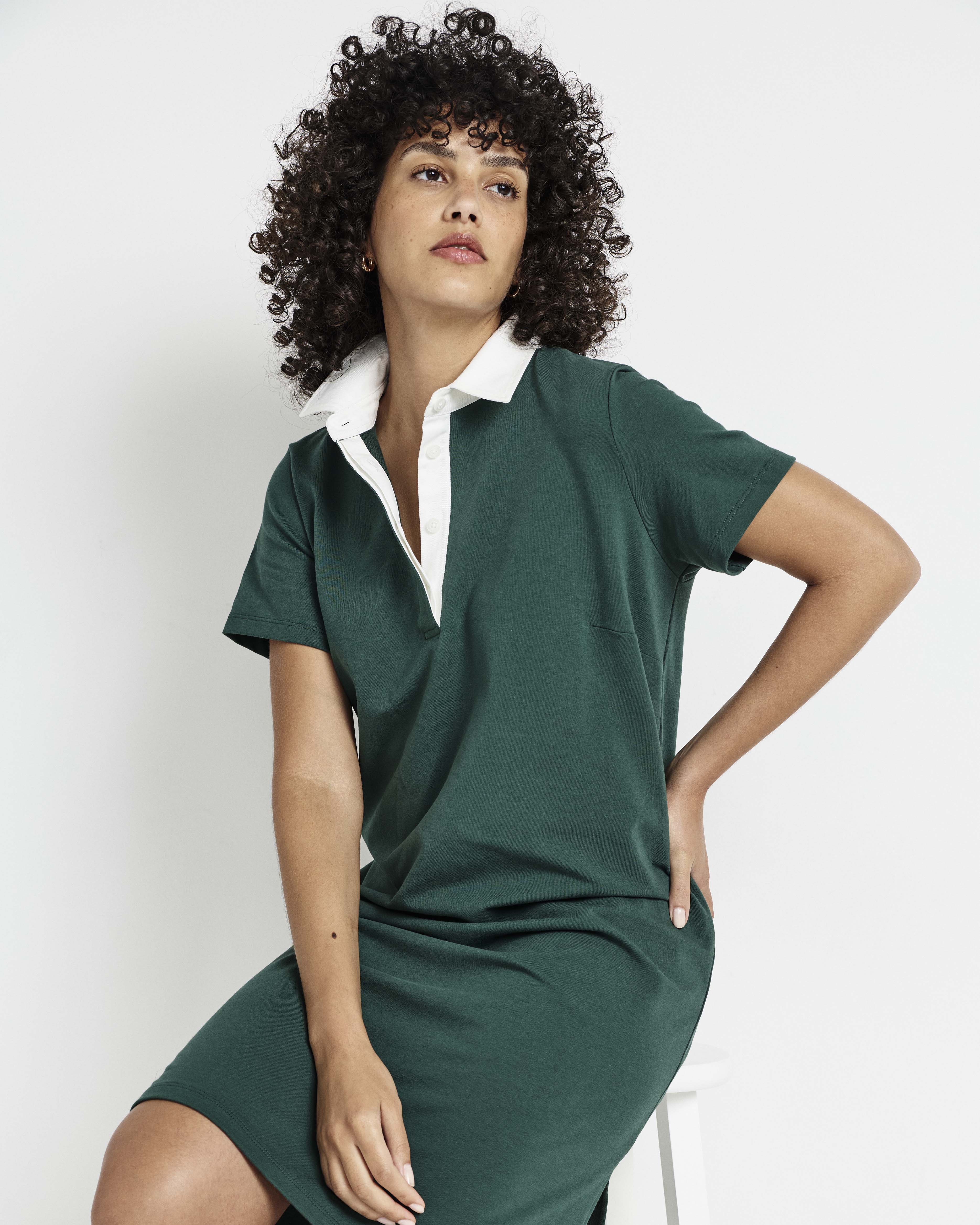 Varsity French Terry Polo Dress - Forest Green/White – Universal