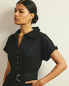 Woman wearing Sandy Stretch Poplin Shirtdress - Black from Universal Standard