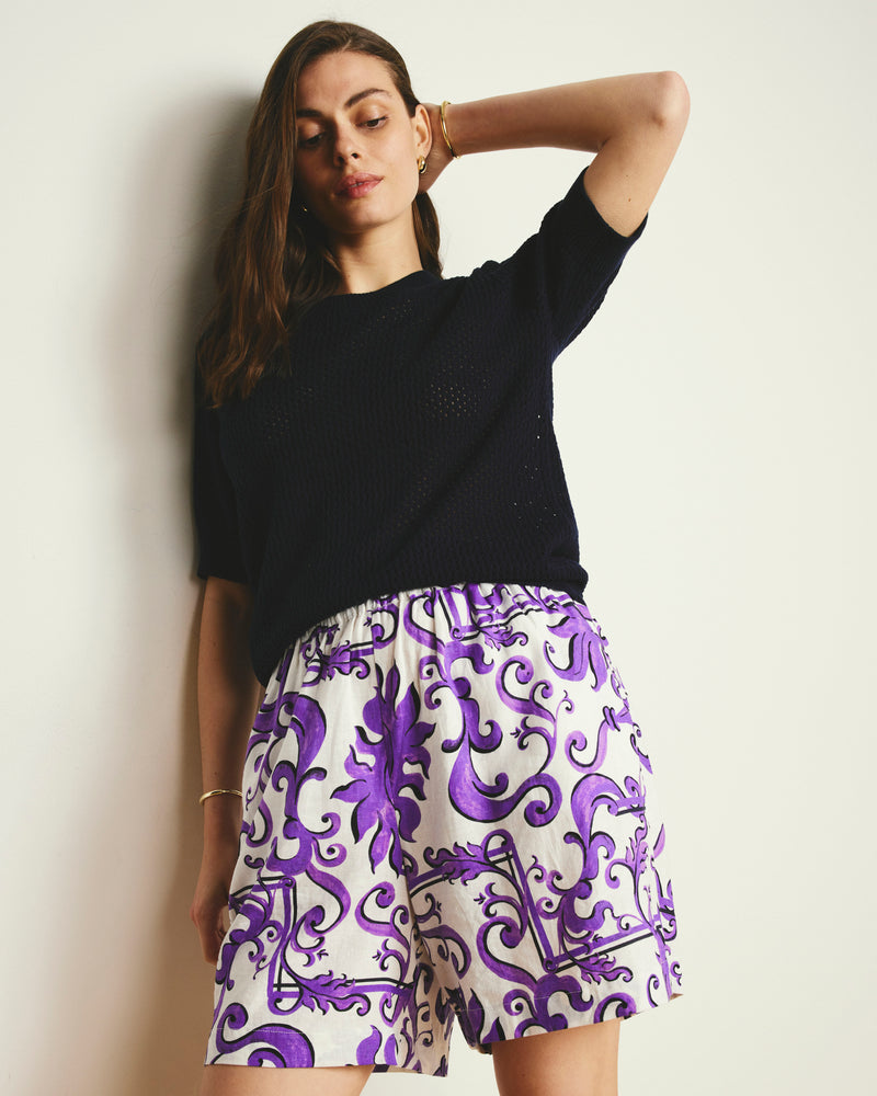 Juniper Linen Easy Pull-On Shorts - Purple Majolica Print | Plus Size & Straight Size Women's Fashion | Universal Standard
