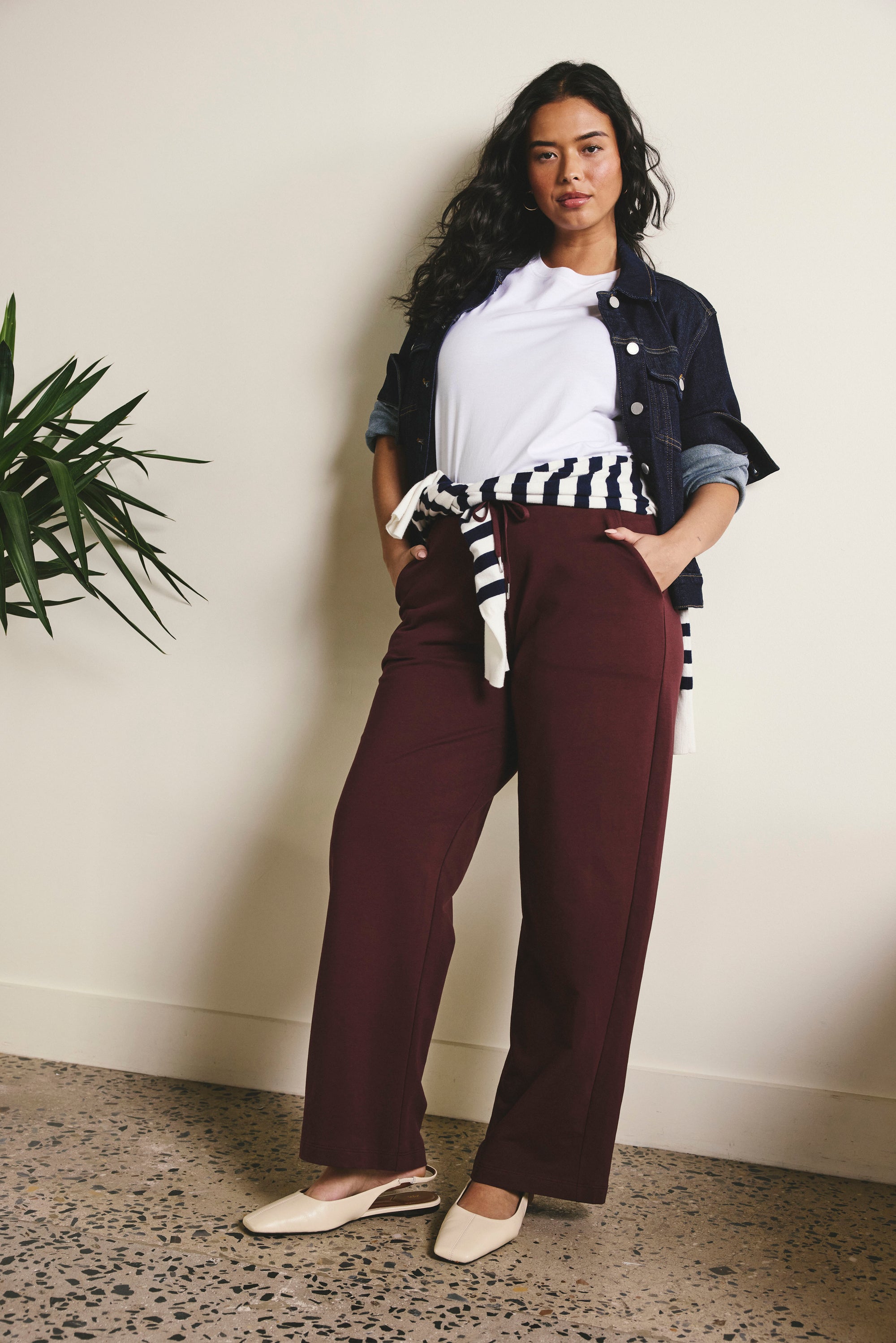 Woman wearing Straight Leg French Terry Sweatpants - Black Cherry from Universal Standard