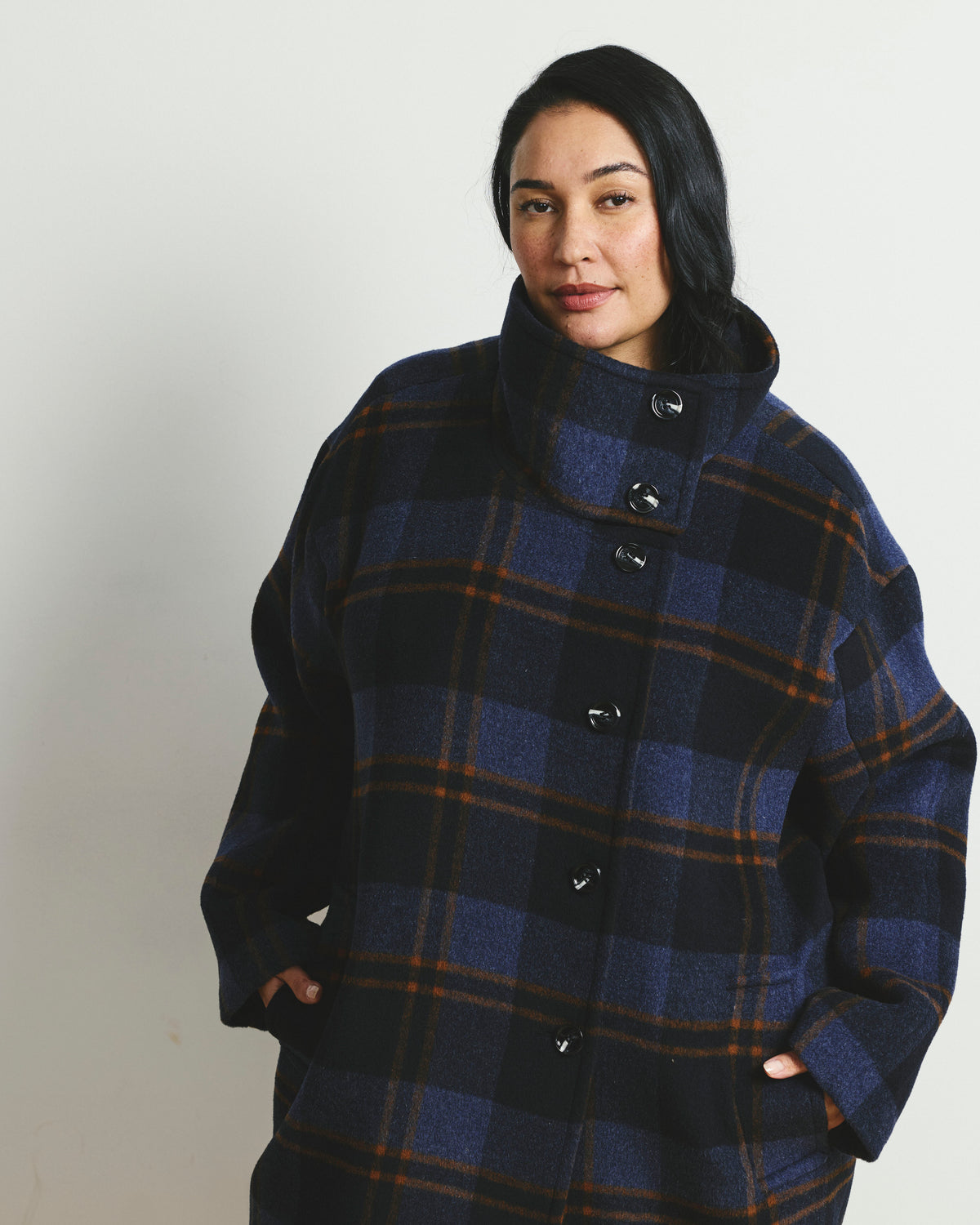 Marlo Cocoon Coat - Indigo Plaid