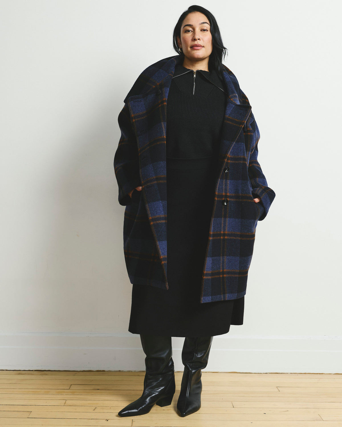 Marlo Cocoon Coat - Indigo Plaid
