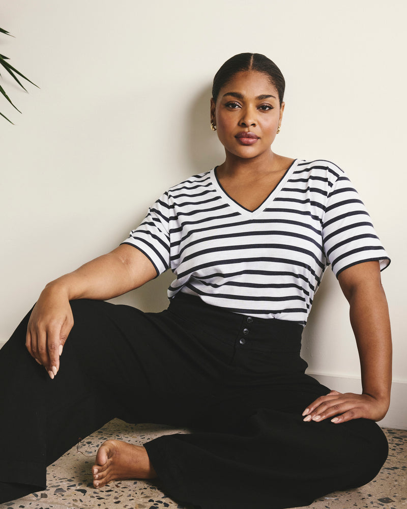 Woman wearing Light-As-Air V Rex - Zen Stripe from Universal Standard