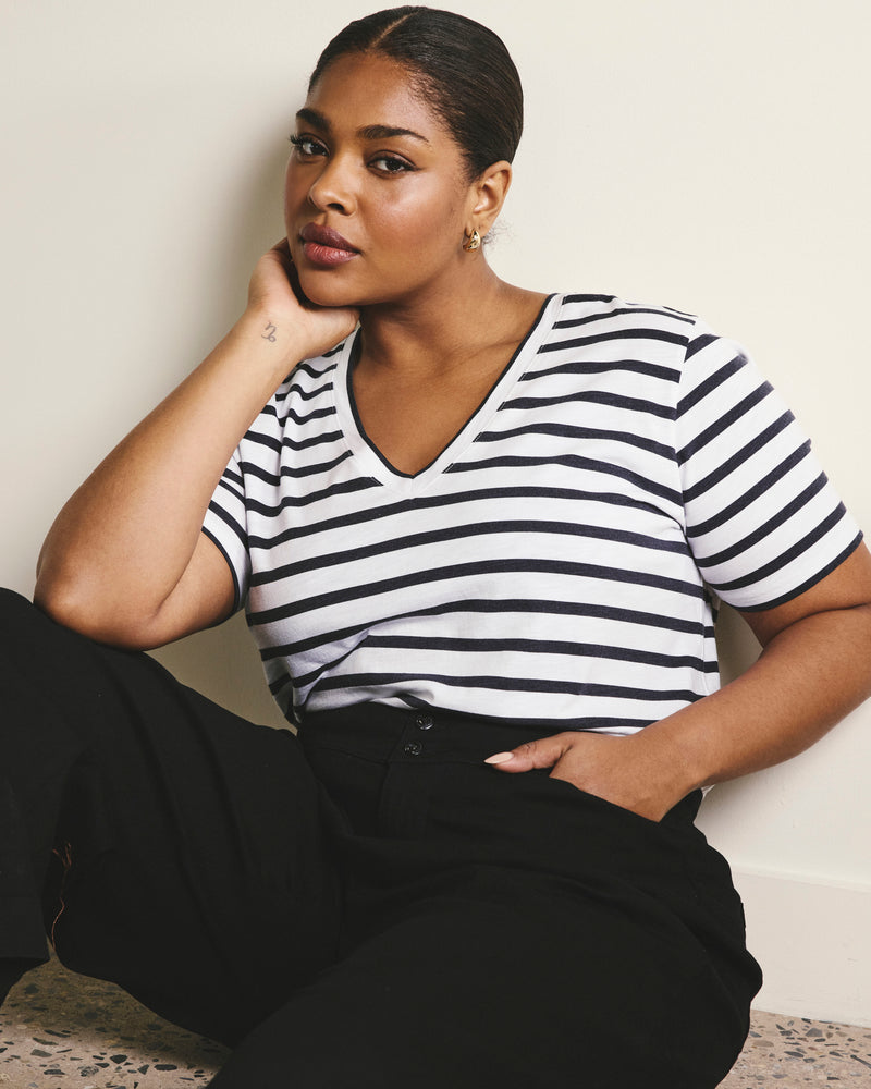 Woman wearing Light-As-Air V Rex - Zen Stripe from Universal Standard