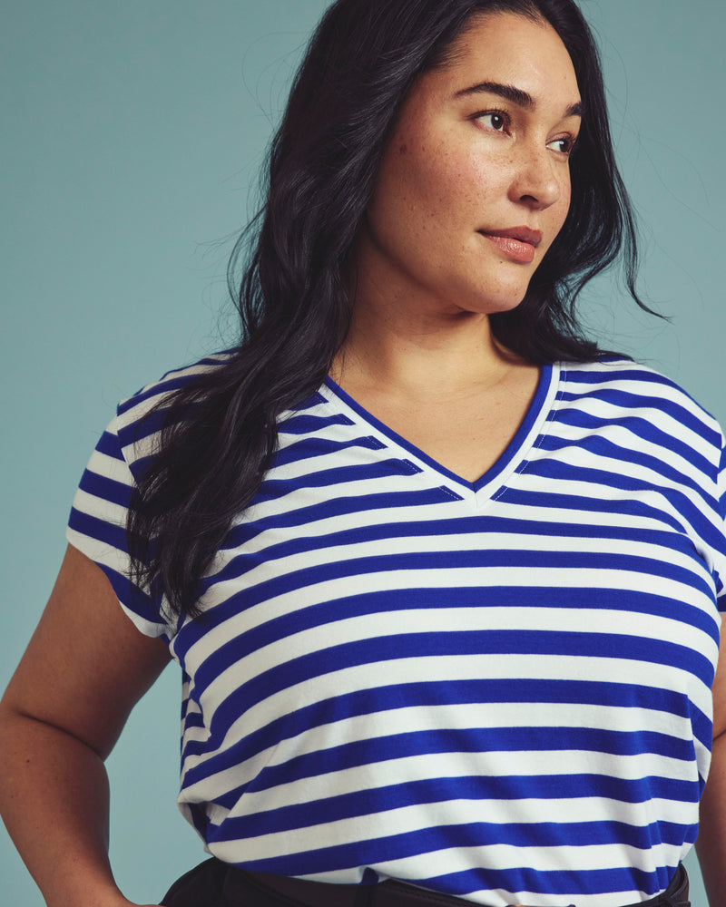 Ashley V Neck Cap Sleeve Tee - Hammersmith Blue Stripe | Plus Size & Straight Size Women's Fashion | Universal Standard