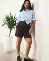 Woman wearing Hayes Sweatshorts - Deep Brown from Universal Standard