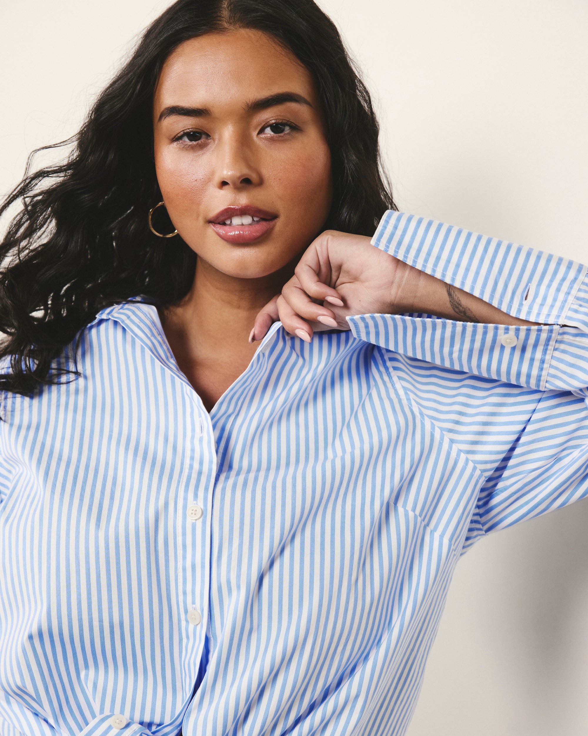 Woman wearing Henning x US Madison Shirt - Blue/White Stripe from Universal Standard