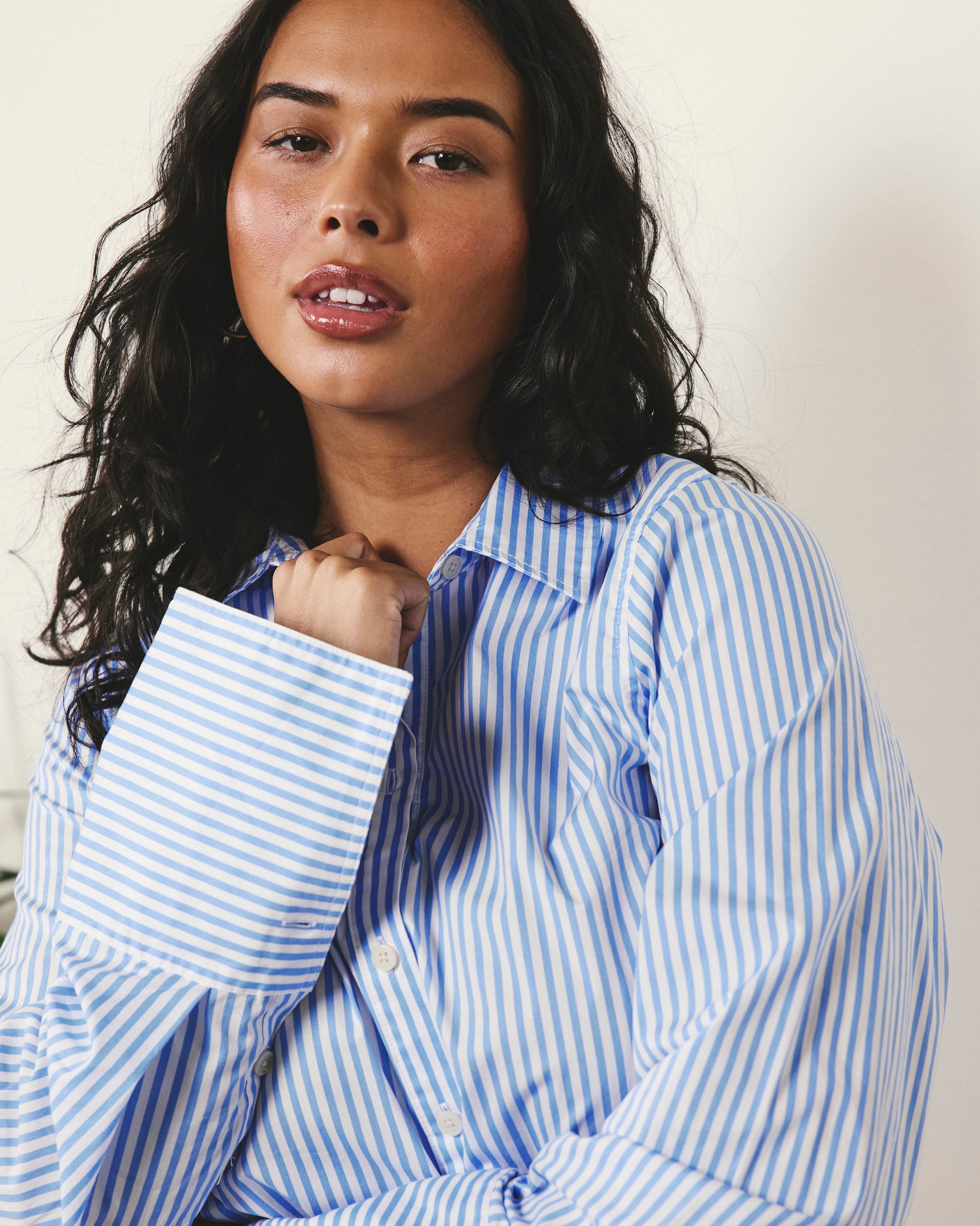 Woman wearing Henning x US Madison Shirt - Blue/White Stripe from Universal Standard