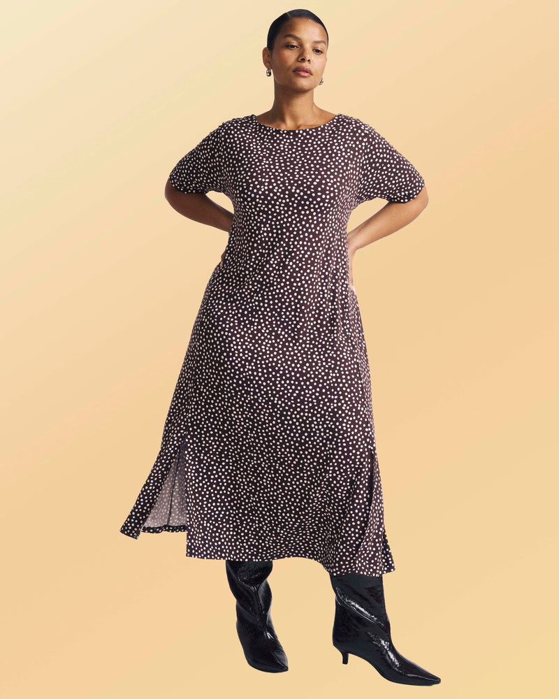 Serena Boatneck Divine Jersey Dress - Brown/White Dot Print