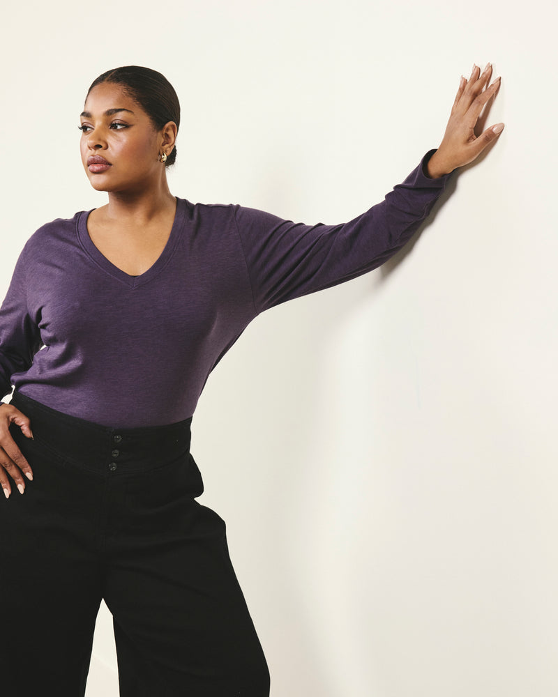 Woman wearing Light-As-Air Long Sleeve V Neck Tee - Purple Jewel from Universal Standard