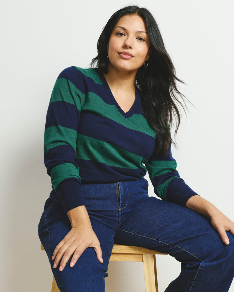 Savvy Fine Knit V Sweater - Green/Navy Rugby Stripe