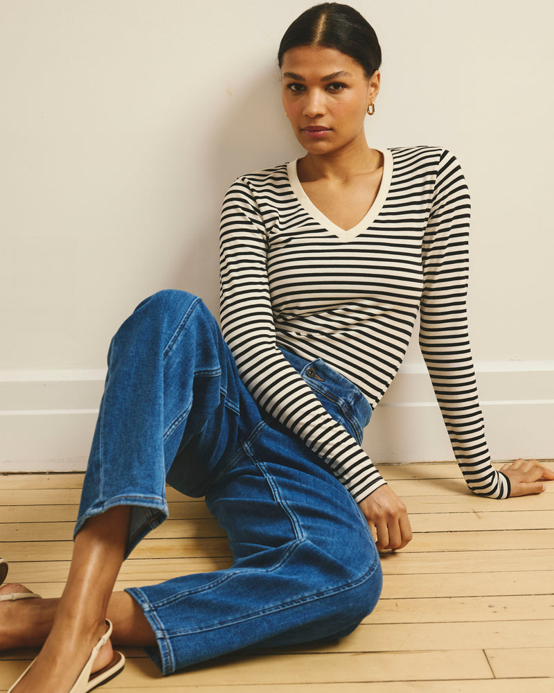 Long Sleeve V Rex - Ecru/Black Stripe | Plus Size & Straight Size Women's Fashion | Universal Standard