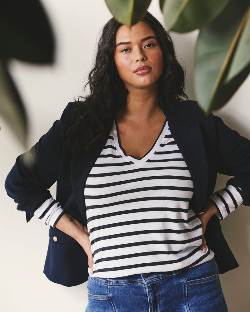 Woman wearing Light-As-Air Long Sleeve V Neck Tee - Zen Stripe from Universal Standard