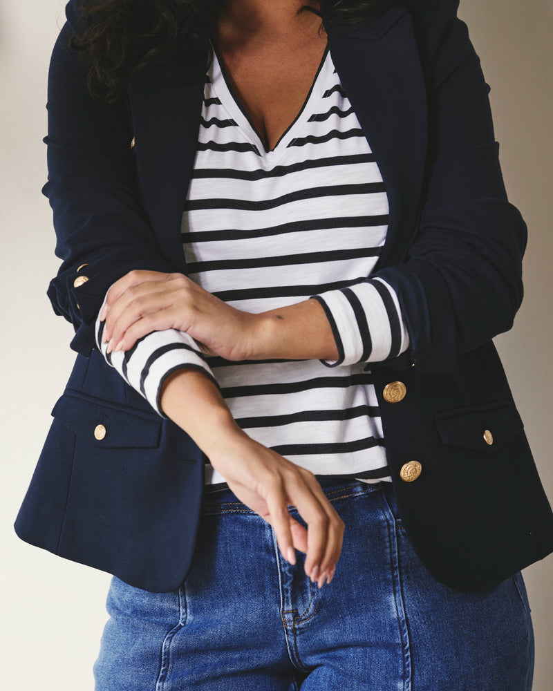 Woman wearing Light-As-Air Long Sleeve V Neck Tee - Zen Stripe from Universal Standard