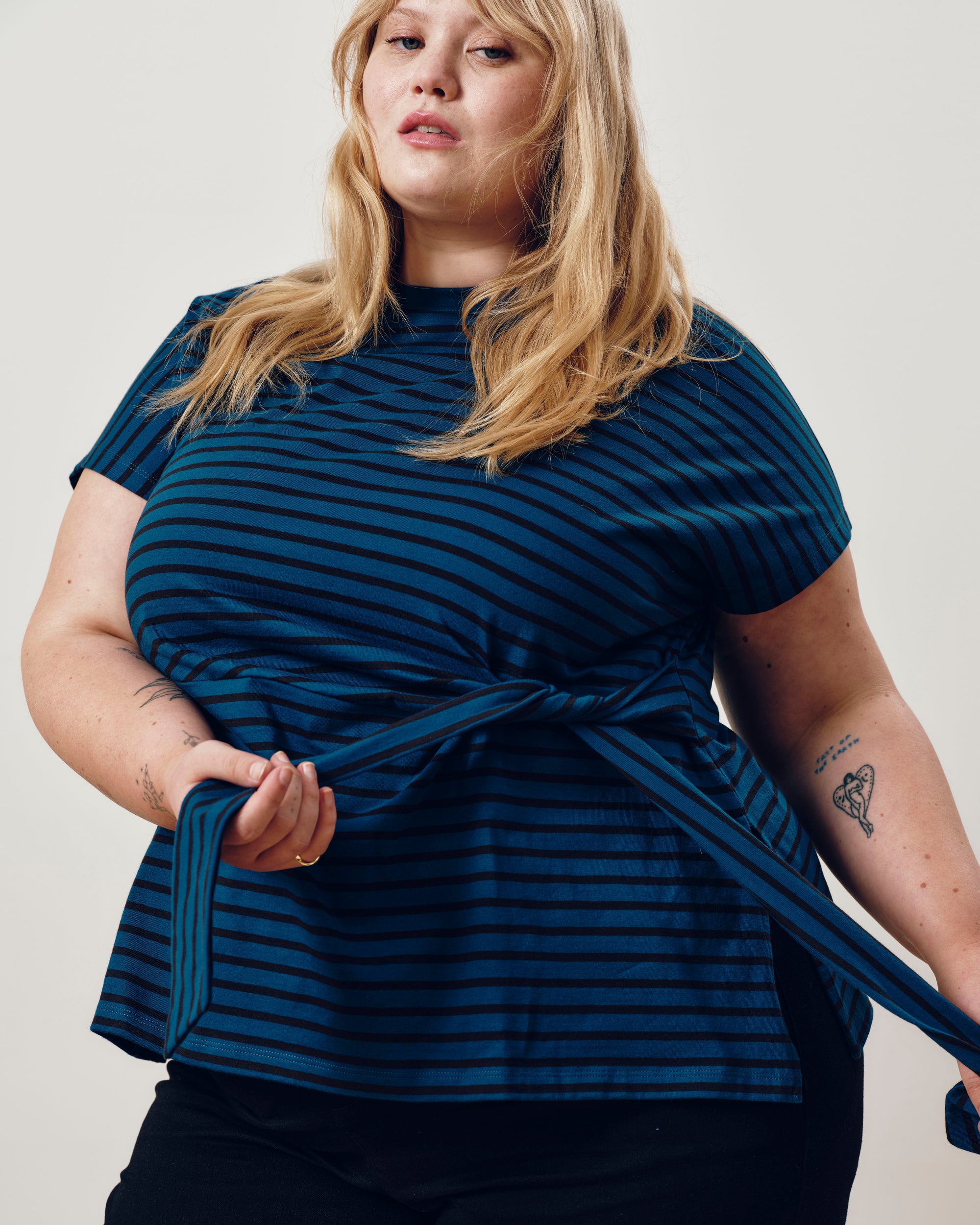 Crescent Breton Stripe Knot Tee - Deep Teal/Black Stripe | Plus Size & Straight Size Women's Fashion | Universal Standard