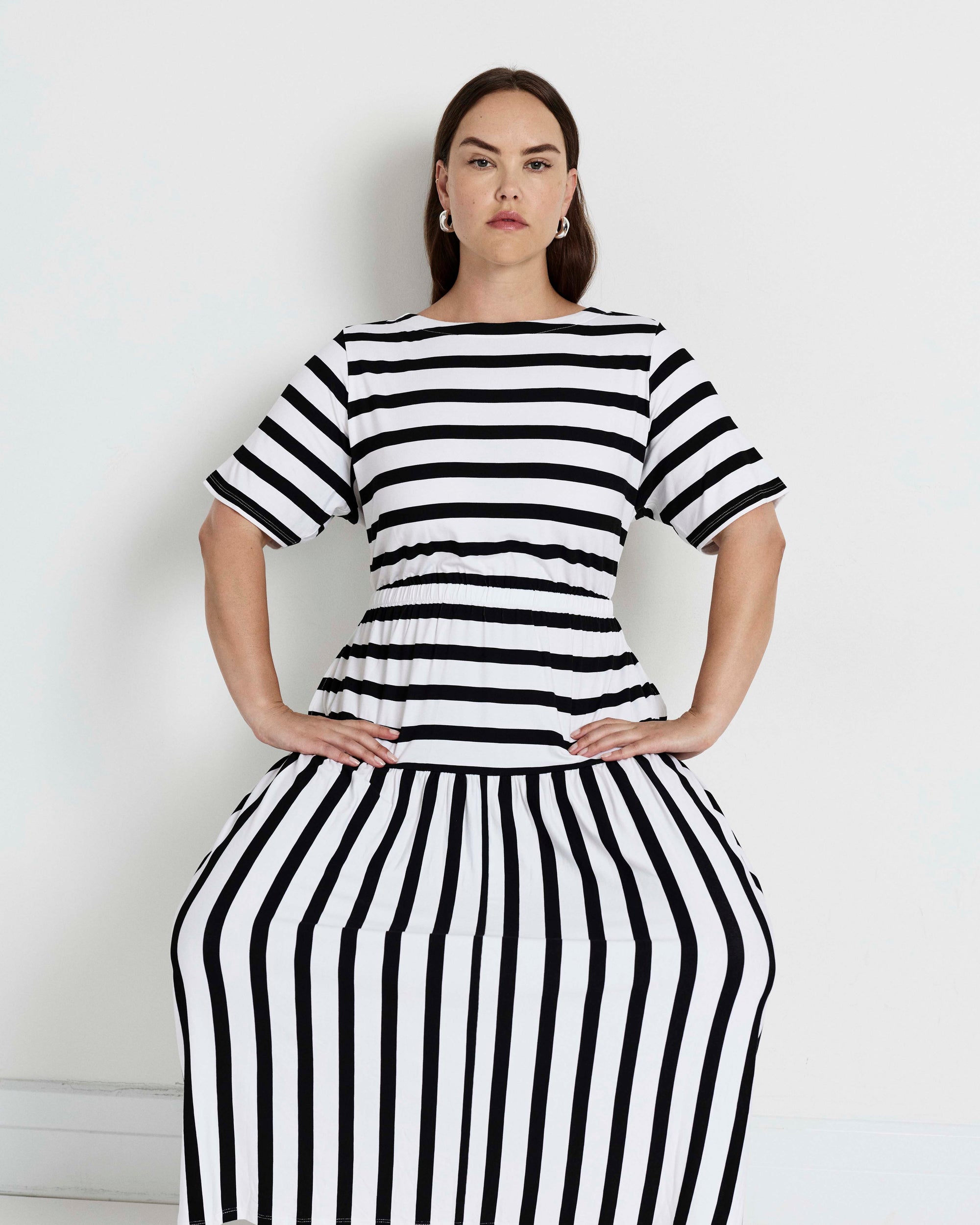 Thea Divine Jersey Midi Dress - Black/White Stripe | Plus Size & Straight Size Women's Fashion | Universal Standard