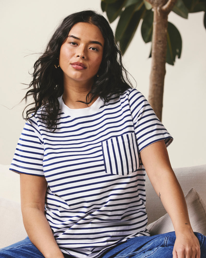 Woman wearing Breton Stripe Garcon Tee - White/Cenote Stripe from Universal Standard