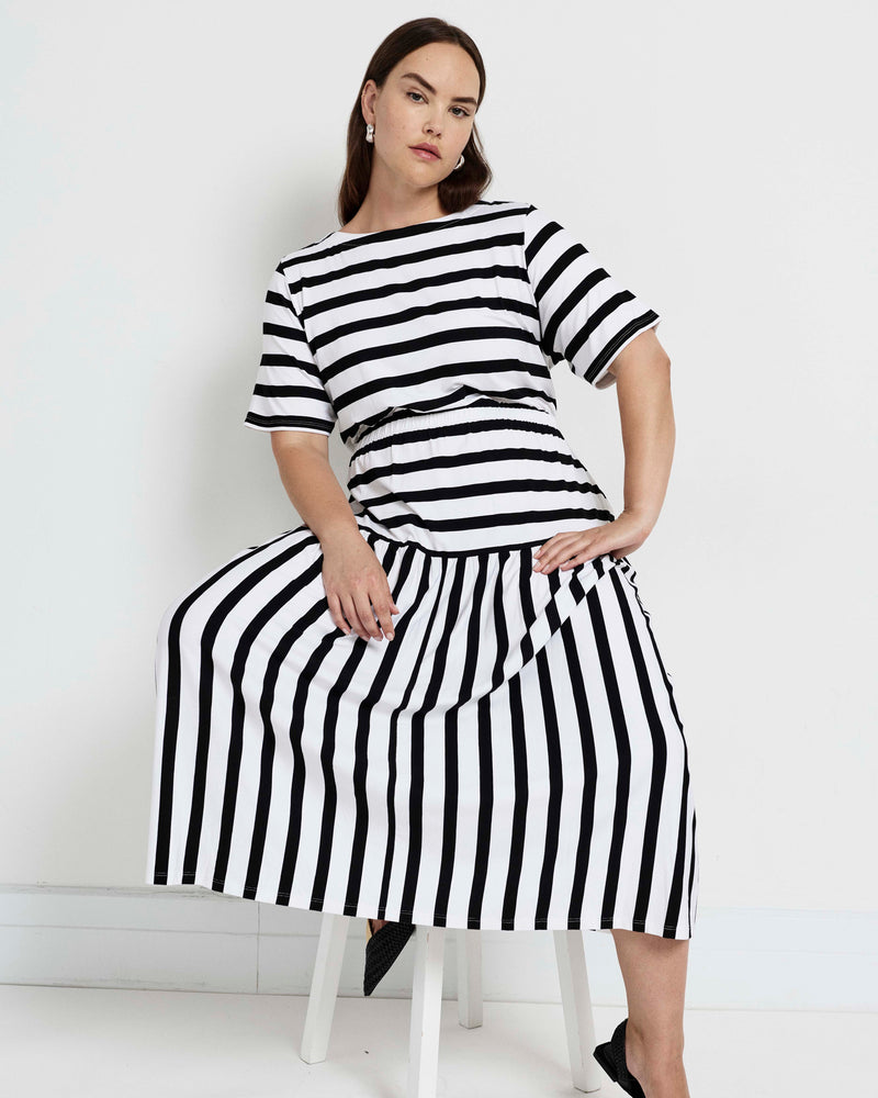 Thea Divine Jersey Midi Dress - Black/White Stripe | Plus Size & Straight Size Women's Fashion | Universal Standard