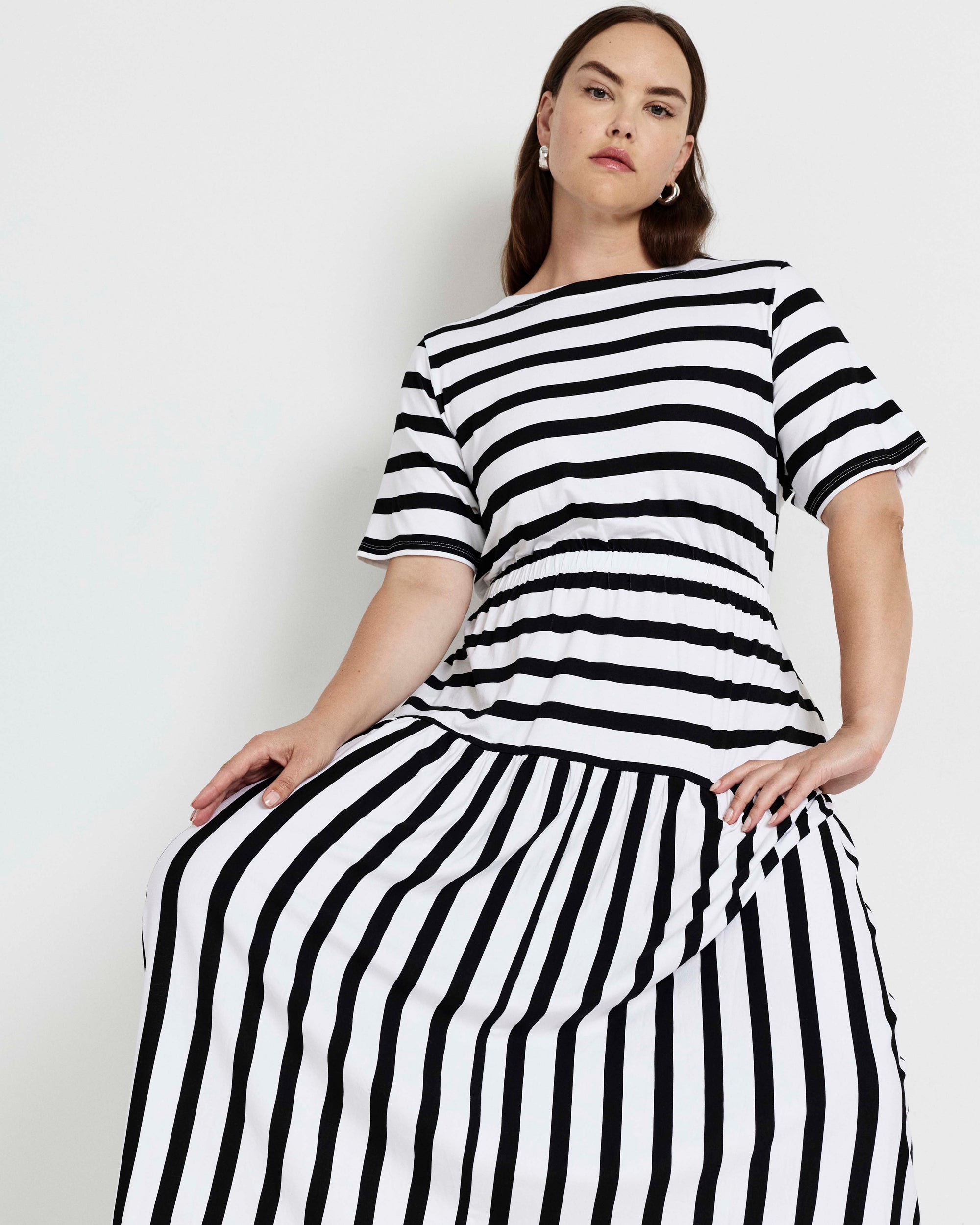 Thea Divine Jersey Midi Dress - Black/White Stripe | Plus Size & Straight Size Women's Fashion | Universal Standard