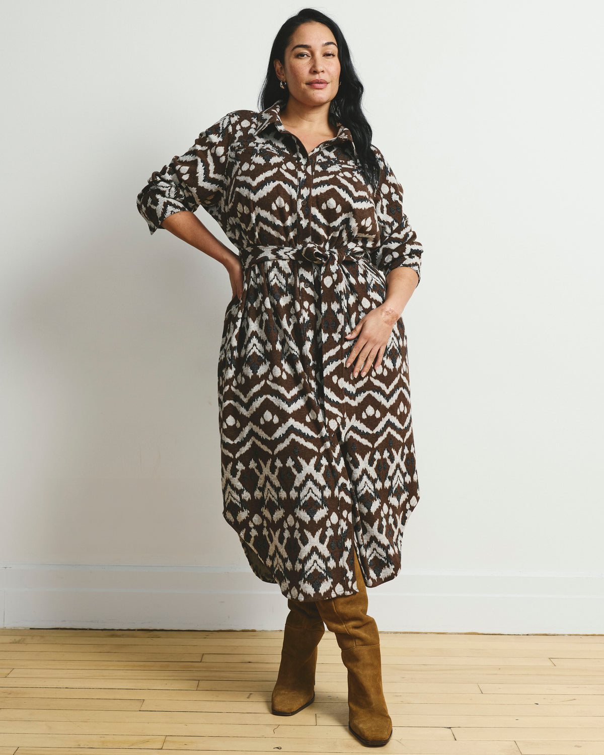 Morgan Belted Stretch Flannel Shirtdress - Chocolate Ikat Jacquard | Plus Size & Straight Size Women's Fashion | Universal Standard
