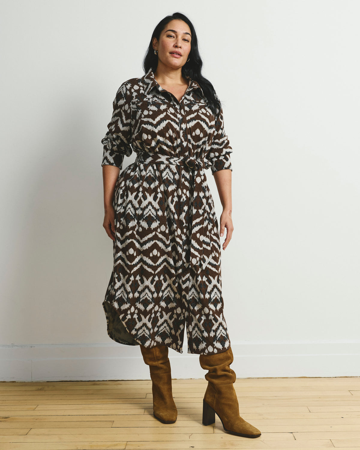 Morgan Belted Stretch Flannel Shirtdress - Chocolate Ikat Jacquard | Plus Size & Straight Size Women's Fashion | Universal Standard