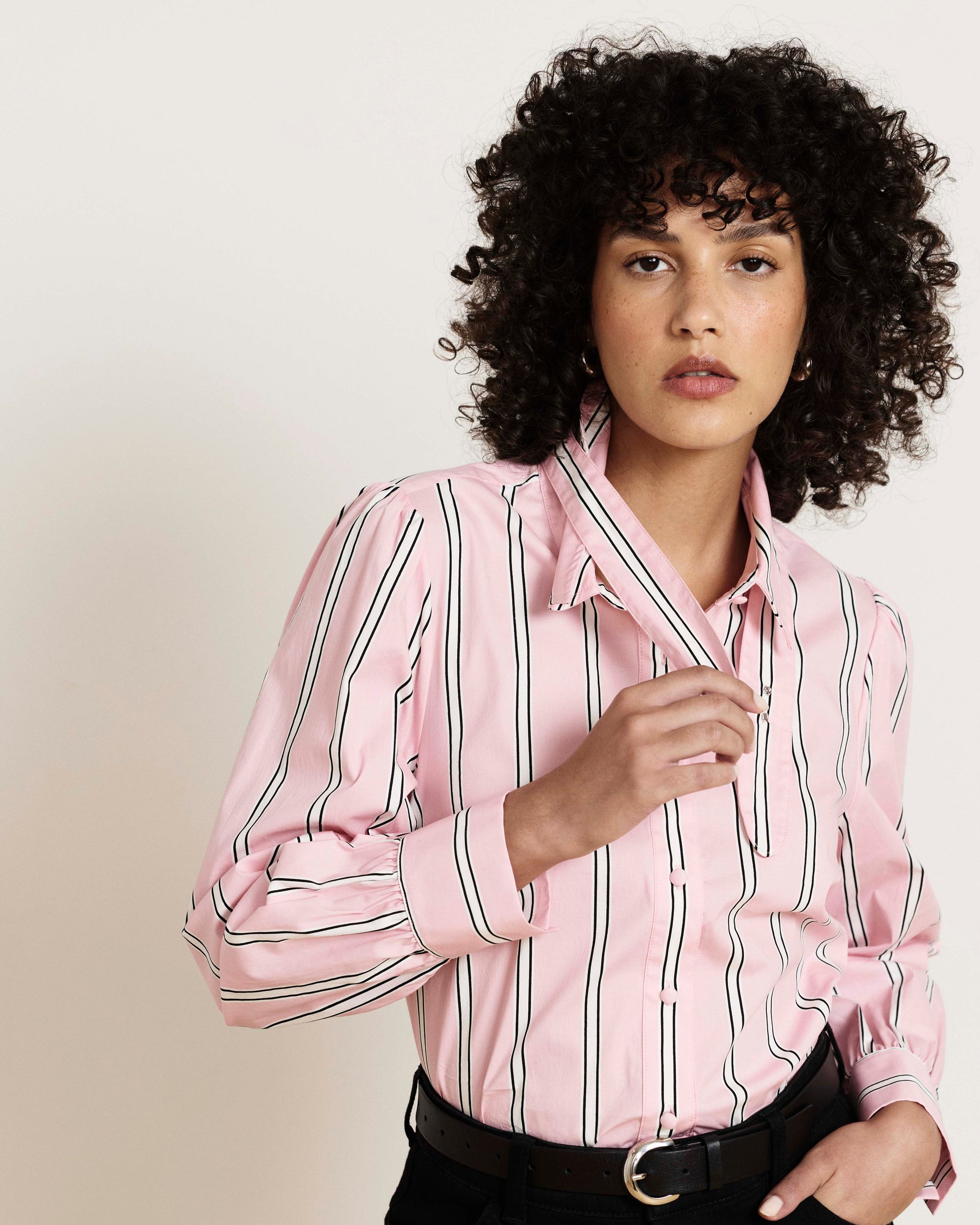 Janet Tie-Neck Cotton Poplin Shirt - Pink Horizon Stripe | Plus Size & Straight Size Women's Fashion | Universal Standard