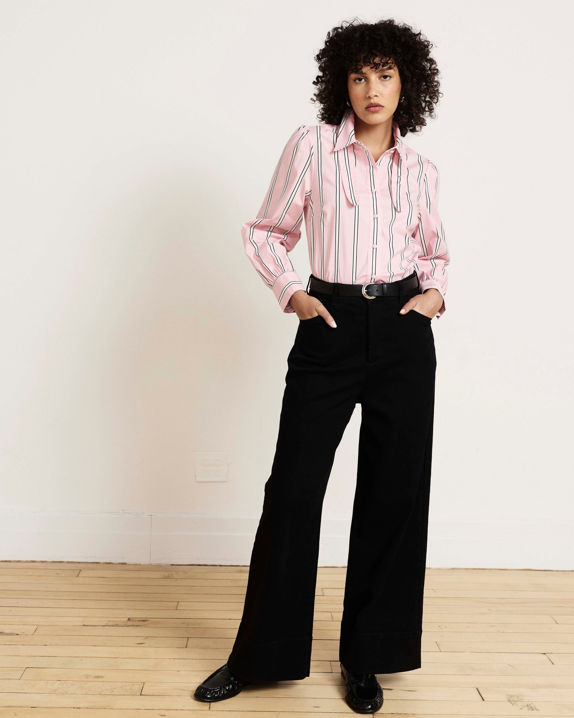 Janet Tie-Neck Cotton Poplin Shirt - Pink Horizon Stripe | Plus Size & Straight Size Women's Fashion | Universal Standard