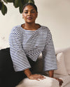 Woman wearing Montauk Breton Stripe Bell Sleeve Top - White/Cenote Stripe from Universal Standard