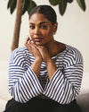 Woman wearing Montauk Breton Stripe Bell Sleeve Top - White/Cenote Stripe from Universal Standard