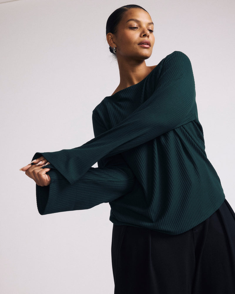 Yasmin Flare Sleeve Ribbed Top - Forest Green