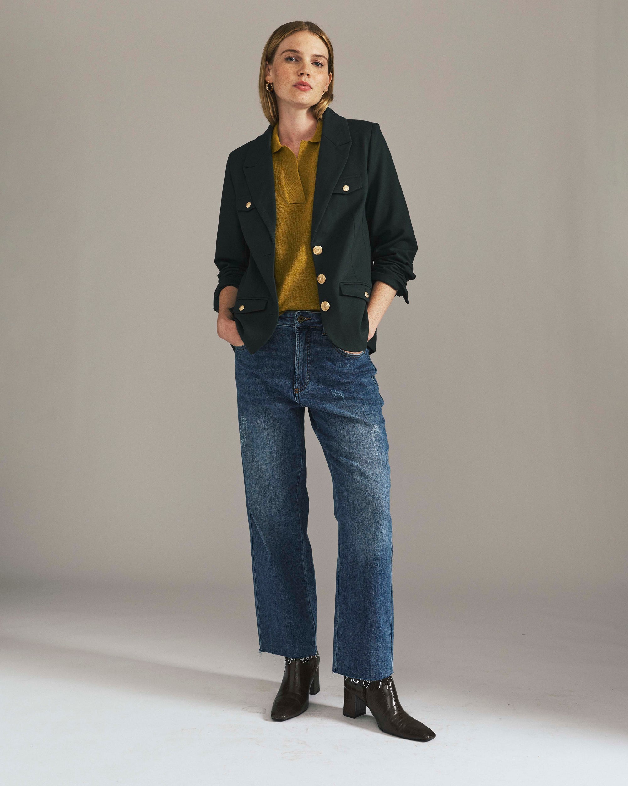 4 Pocket Ponte Blazer - Green Gemstone with Gold Buttons | Plus Size & Straight Size Women's Fashion | Universal Standard