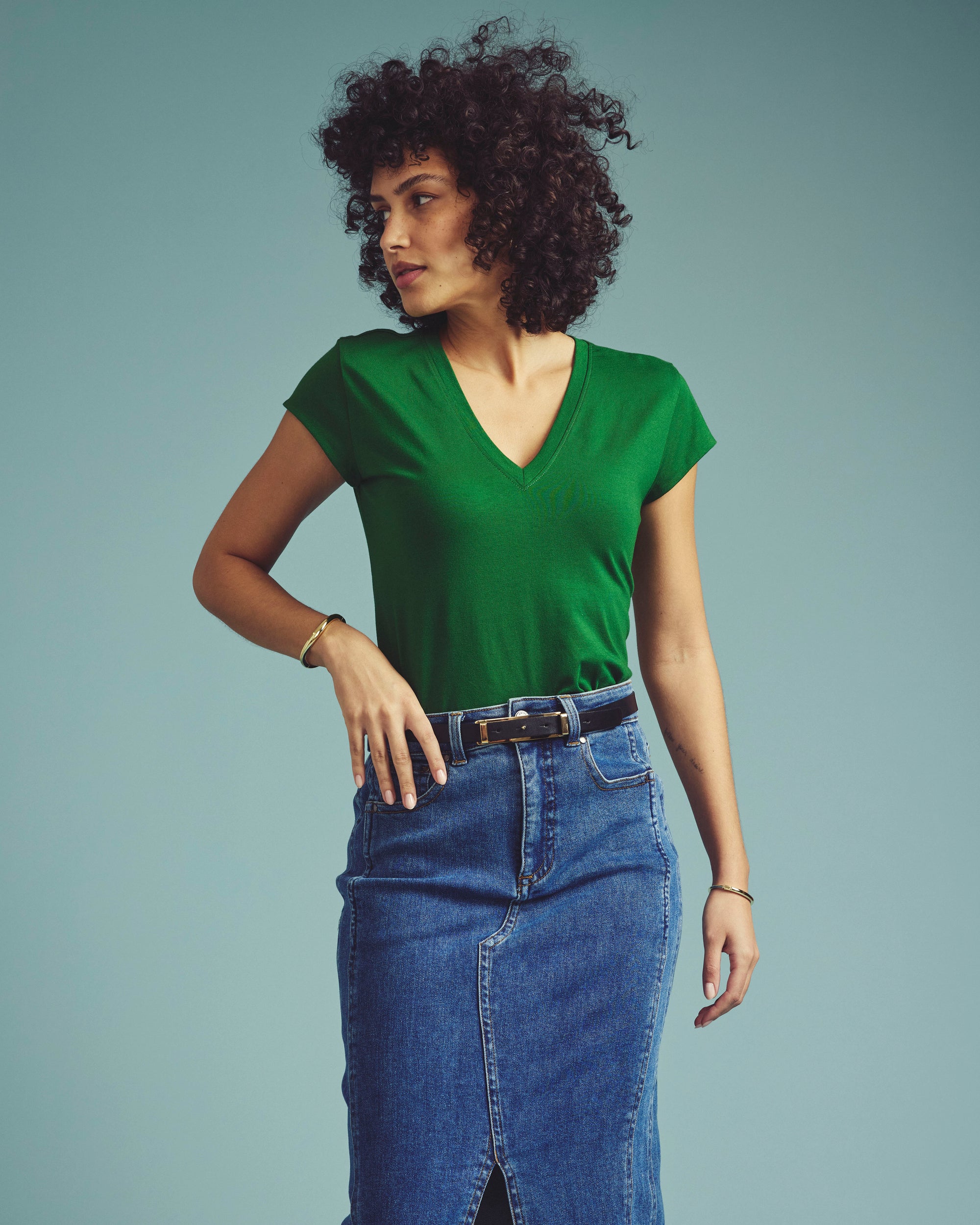 Ashley V Neck Cap Sleeve Tee - Green Park | Plus Size & Straight Size Women's Fashion | Universal Standard