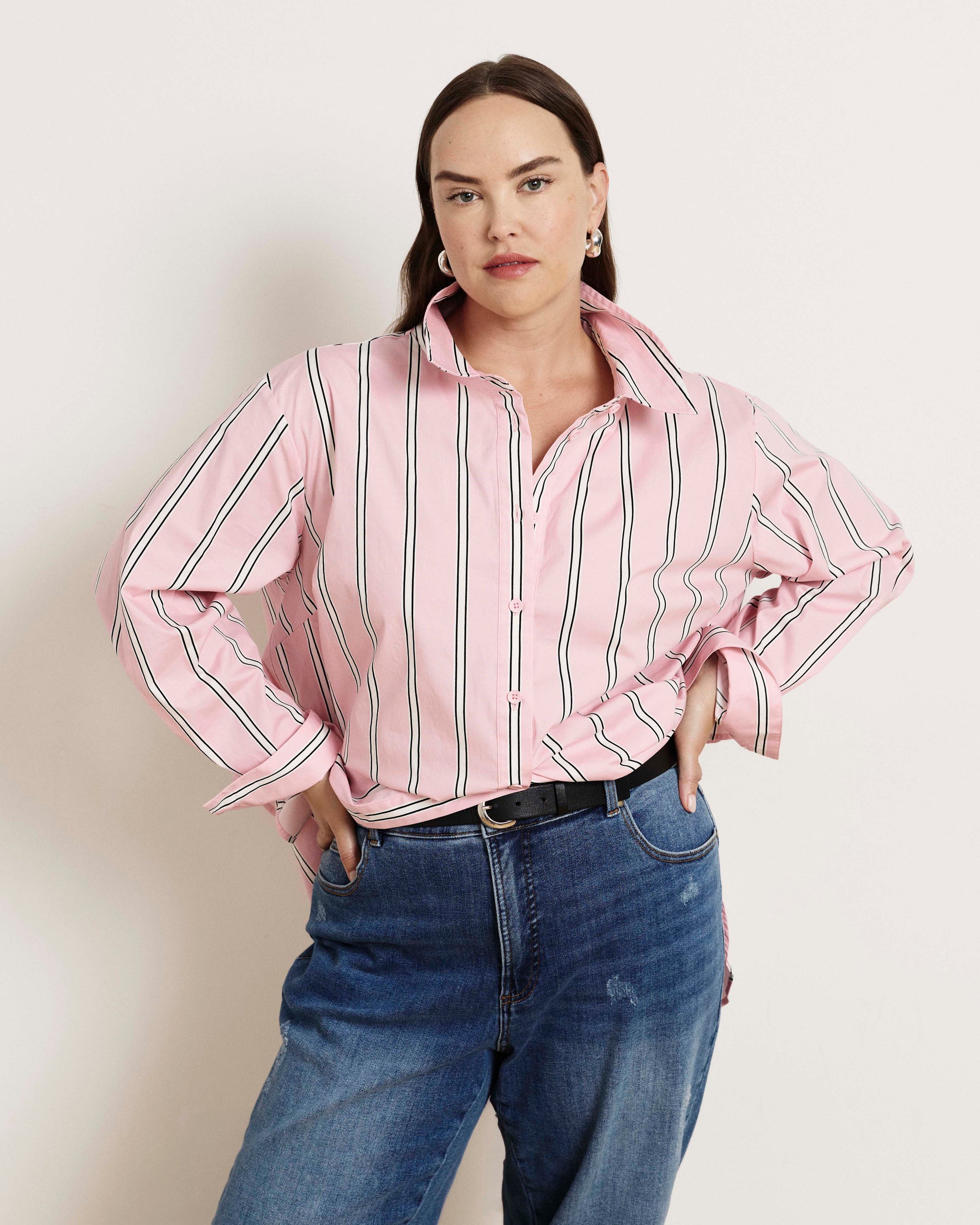 The Artist Oversized Poplin Shirt - Pink Horizon Stripe | Plus Size & Straight Size Women's Fashion | Universal Standard