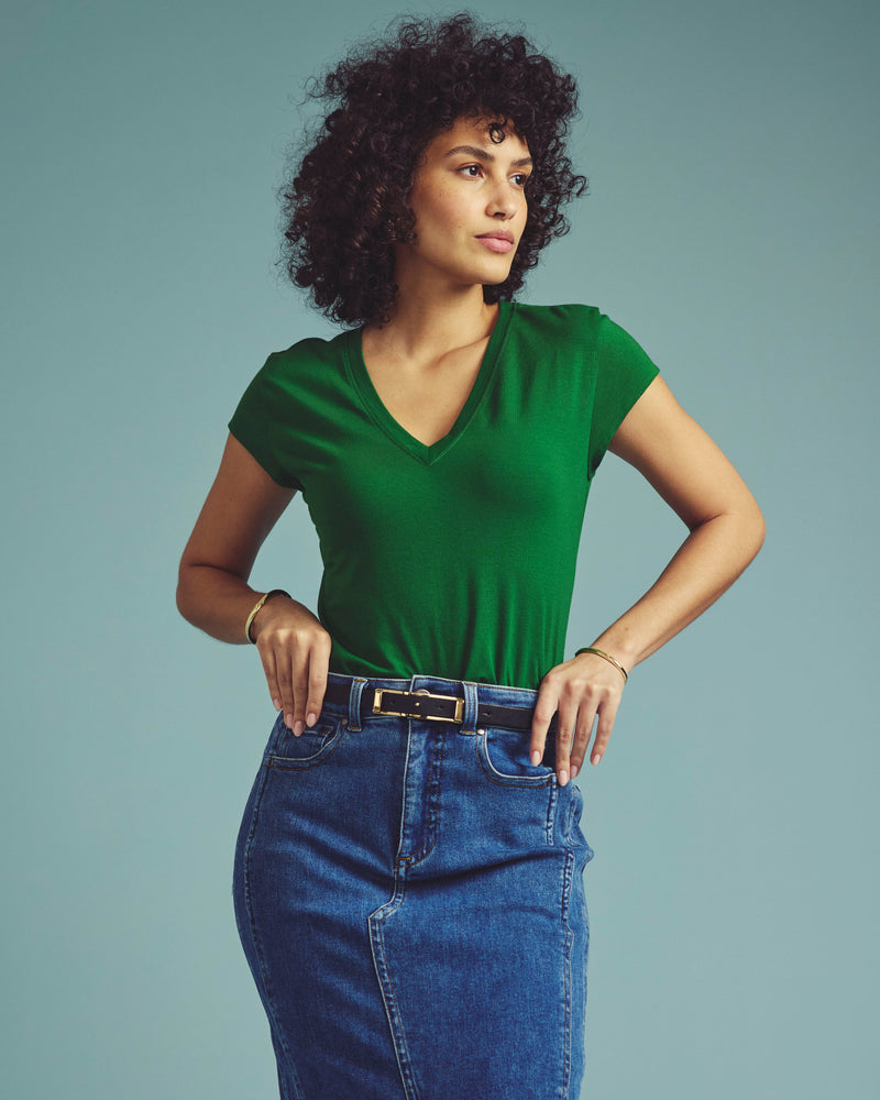 Ashley V Neck Cap Sleeve Tee - Green Park | Plus Size & Straight Size Women's Fashion | Universal Standard