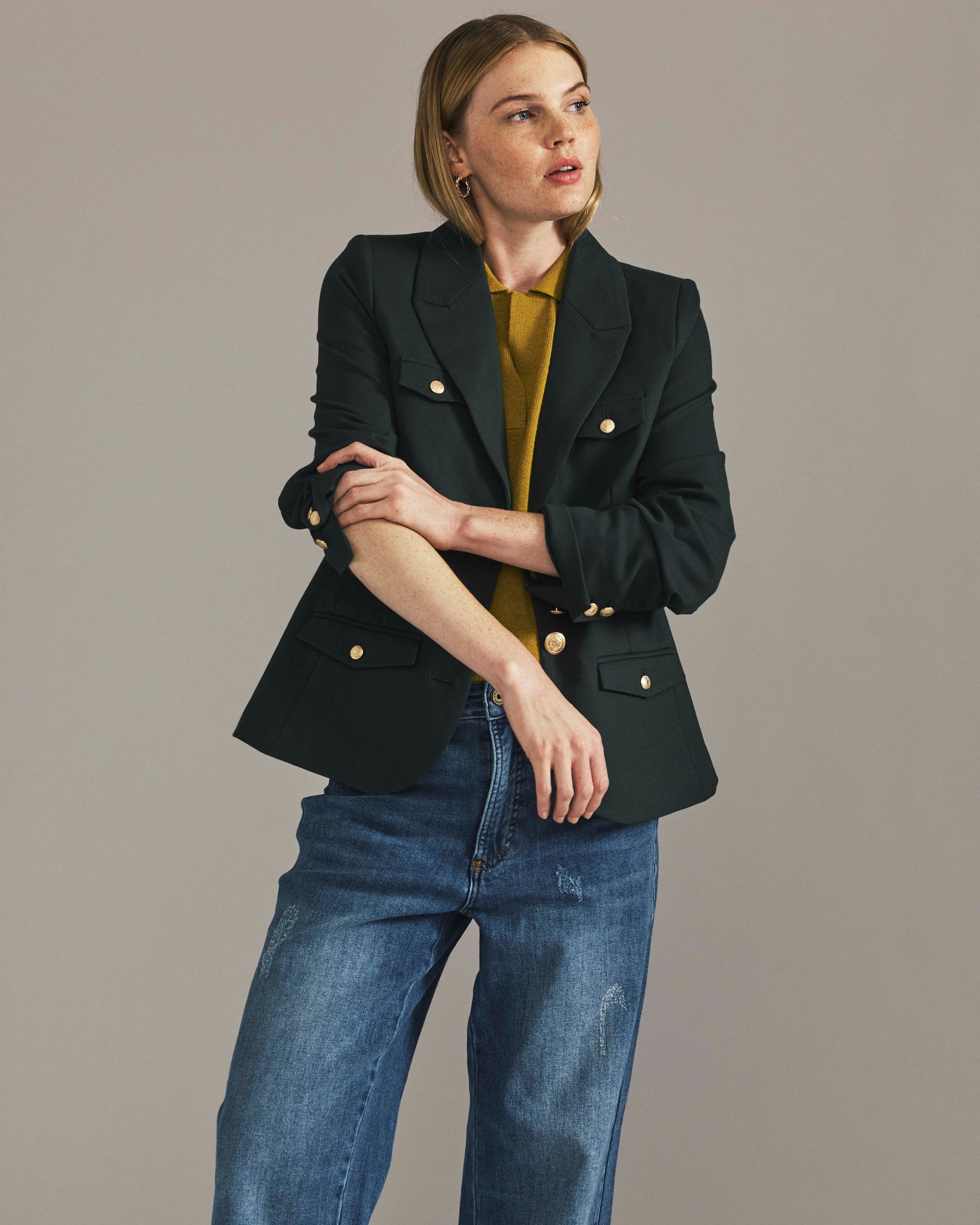 4 Pocket Ponte Blazer - Green Gemstone with Gold Buttons | Plus Size & Straight Size Women's Fashion | Universal Standard
