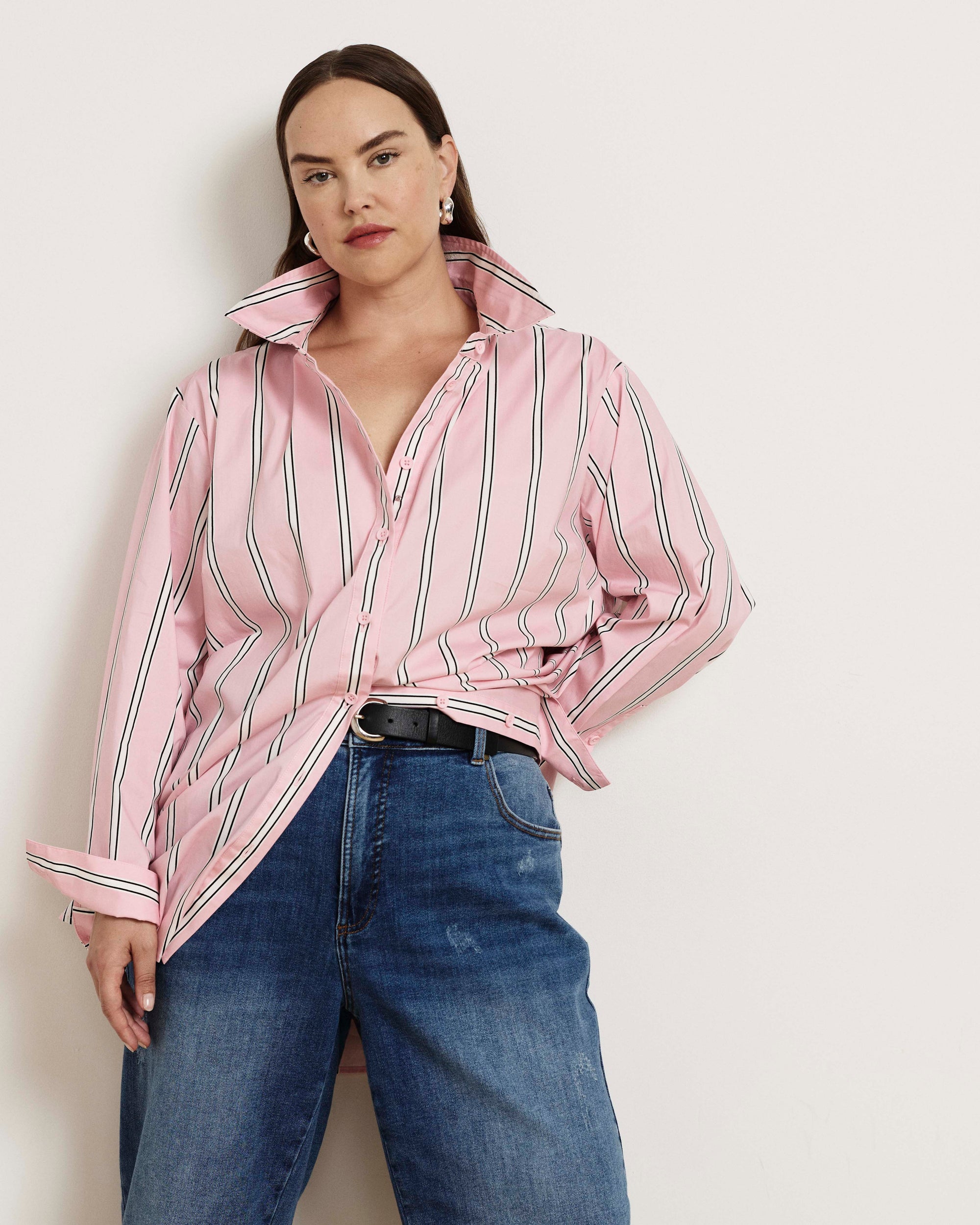 The Artist Oversized Poplin Shirt - Pink Horizon Stripe | Plus Size & Straight Size Women's Fashion | Universal Standard