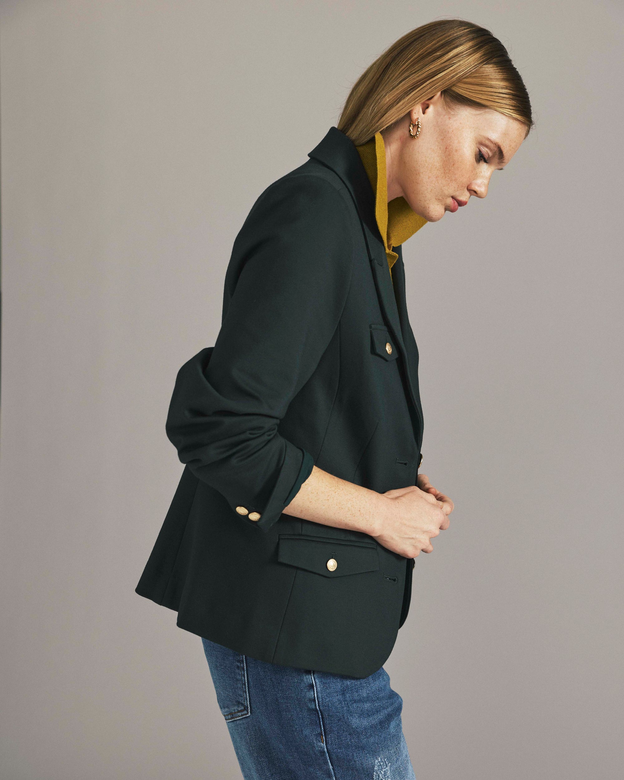 4 Pocket Ponte Blazer - Green Gemstone with Gold Buttons | Plus Size & Straight Size Women's Fashion | Universal Standard
