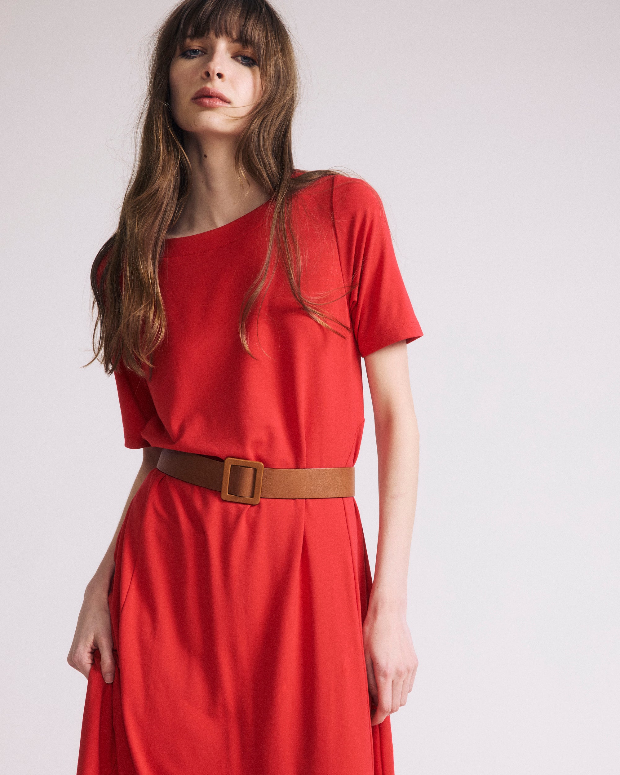 Woman wearing Serena Divine Jersey Boatneck Dress - Lipstick from Universal Standard