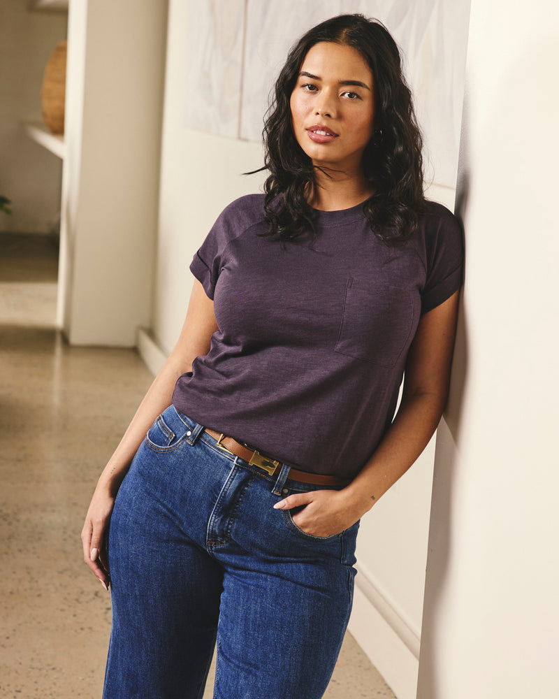 Woman wearing Light-As-Air Boy Tee - Purple Jewel from Universal Standard