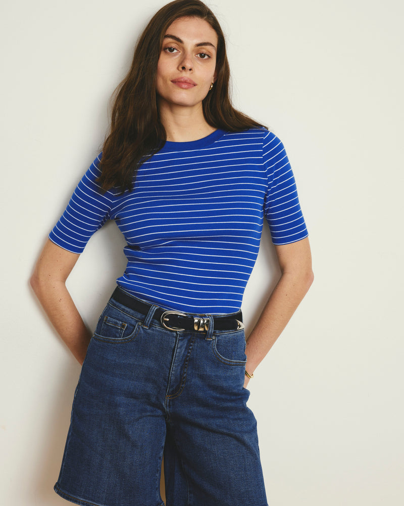 Classic Ribbed Tee - Bright Blue/White Microstripe | Plus Size & Straight Size Women's Fashion | Universal Standard