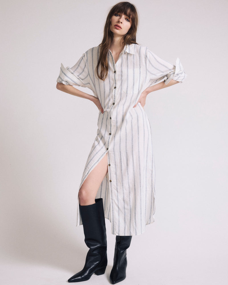 Woman wearing Odeon Linen Shirtdress - Mayfair Stripe from Universal Standard
