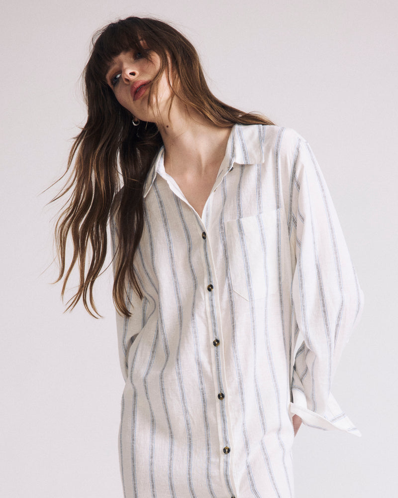 Woman wearing Odeon Linen Shirtdress - Mayfair Stripe from Universal Standard